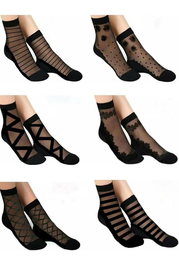 dewberry 14223 Dewberry Patterned Tulle Women Socks 6 Pack-BLACK