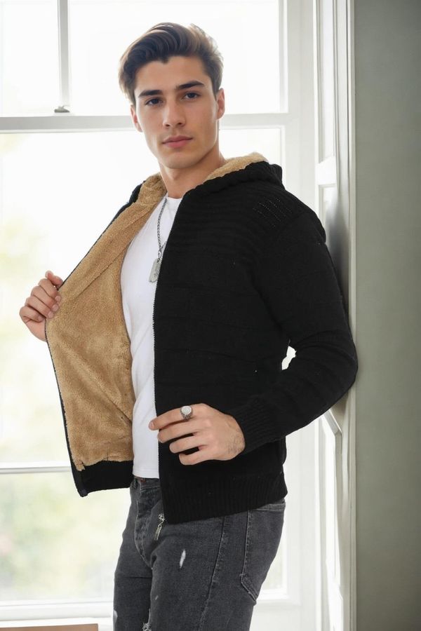 dewberry 14455 Dewberry Furry Hooded Mens Sports Slim Fit Cardigan-BLACK