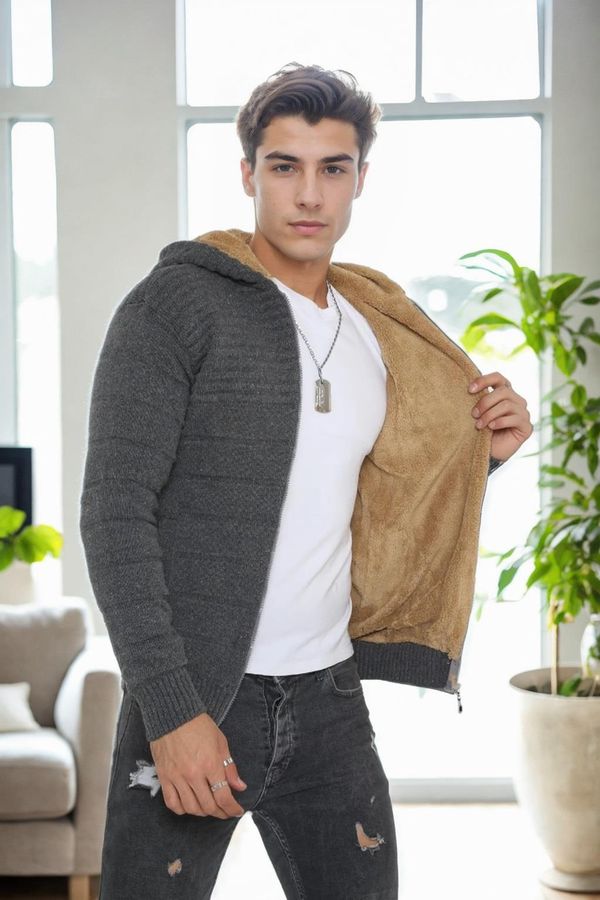 dewberry 14455 Dewberry Furry Hooded Mens Sports Slim Fit Cardigan-GREY