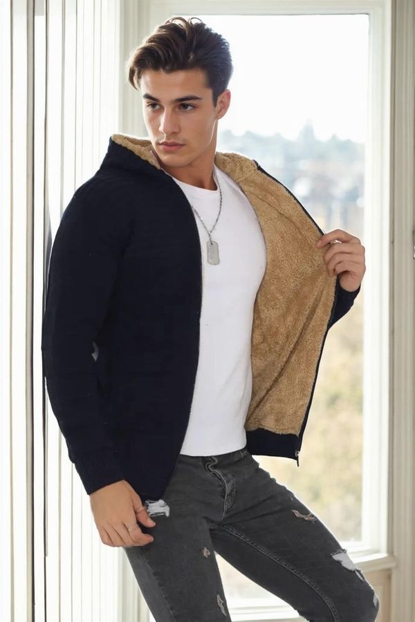 dewberry 14455 Dewberry Furry Hooded Mens Sports Slim Fit Cardigan-NAVY