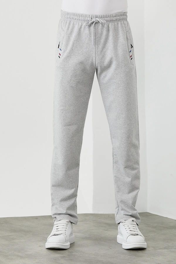 dewberry 15740 Dewberry Zipper Pocket Embroidery Detailed Sweatpants-GREY