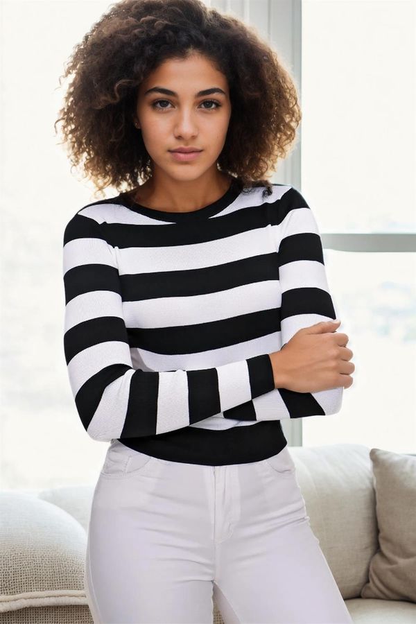 dewberry 16420 Dewberry Womens Striped Crew Neck Knitwear Sweater-BLACK