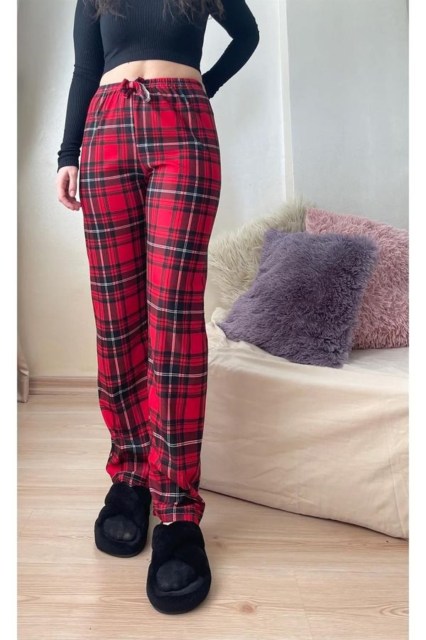 dewberry 17947 Dewberry Plaid Checkered Cotton Velvet Pyjama Bottoms-RED-BLACK