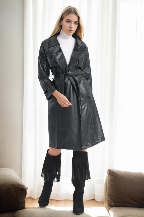 dewberry 22614 Dewberry Long PU Women TrenchCoat-BLACK