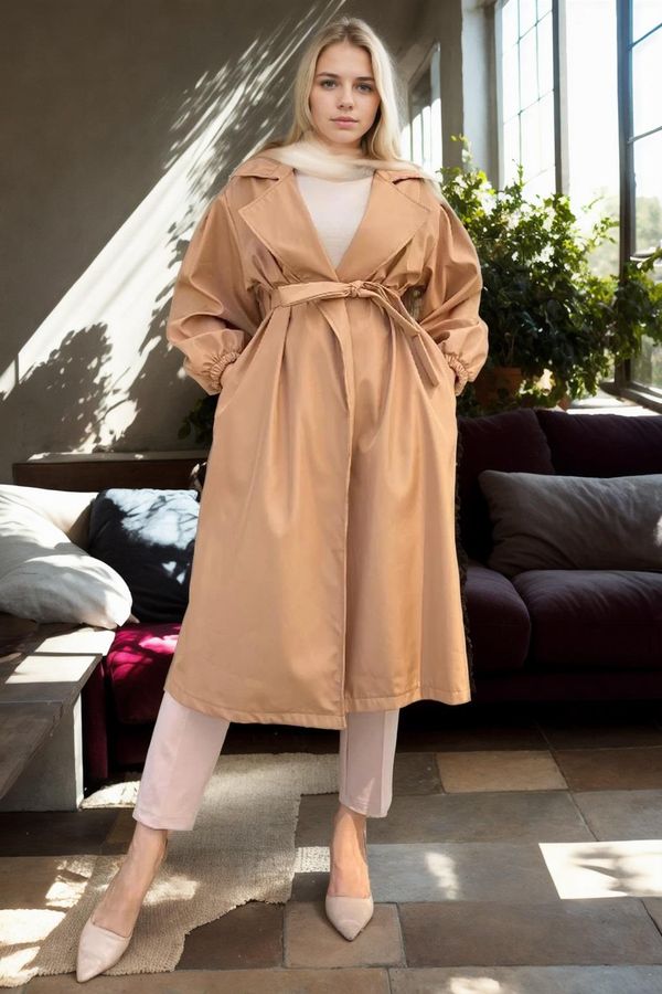 dewberry 40345 Dewberry Belted Balloon Sleeve Women Trenchcoat-CAMEL