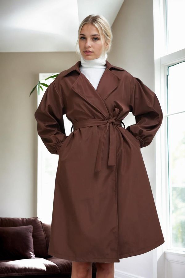 dewberry 40345 Dewberry Belted Balloon Sleeve Women Trenchcoat-COFFEE