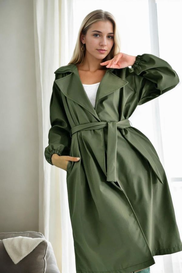 dewberry 40345 Dewberry Belted Balloon Sleeve Women Trenchcoat-Khaki