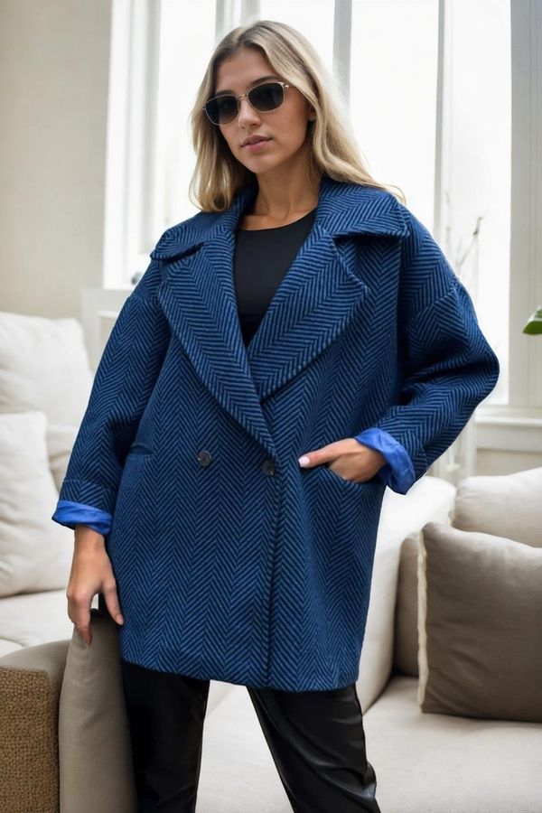 dewberry 50406 Dewberry Herringbone Oversize Women Coat-BLUE