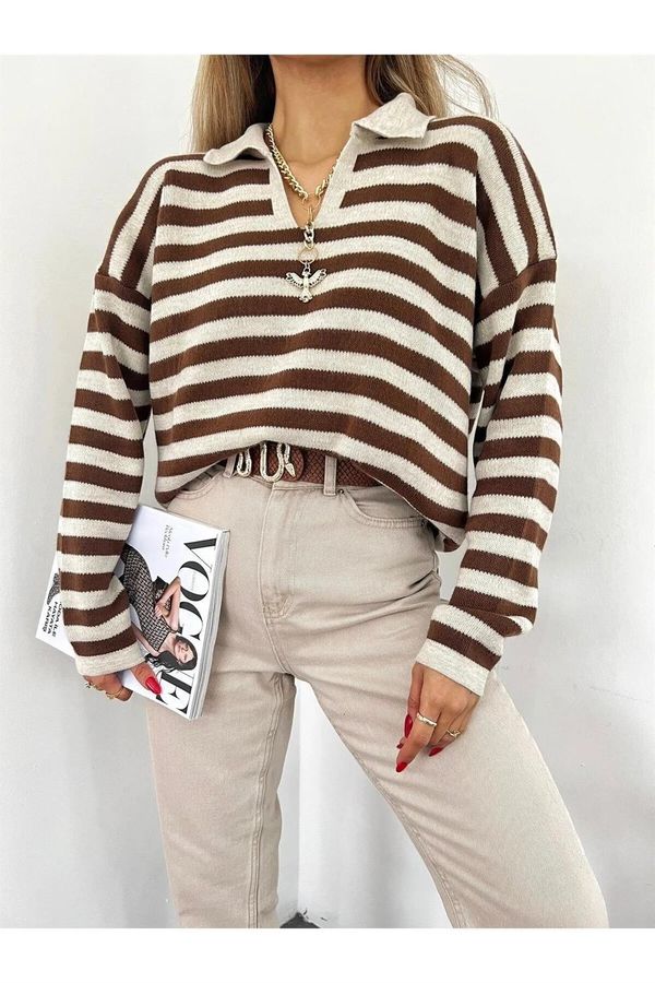 dewberry 51782 Dewberry Polo Neck Striped Long Sleeve Sweater-COFFEE