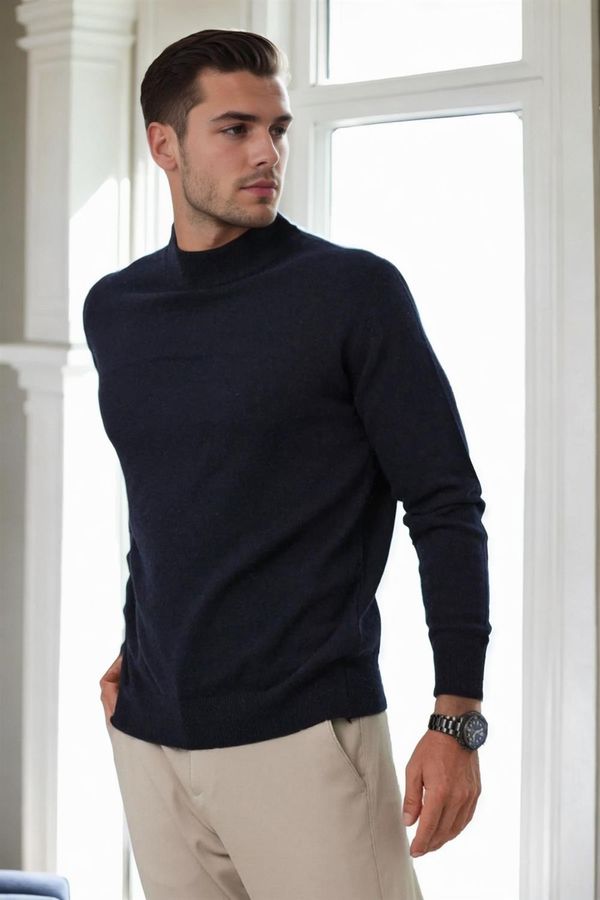 dewberry 64721 Dewberry Half Turtleneck Woolen Mens Knit Sweater-NAVY BLUE