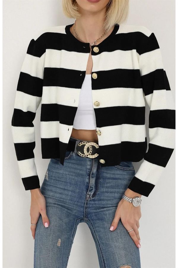 dewberry 74390 Dewberry Crew Neck Striped Crop Cardigan-BLACK