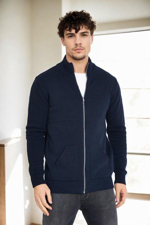 dewberry 83582 Dewberry Zippered Knitwear Mens Cardigan with Pocket-NAVY