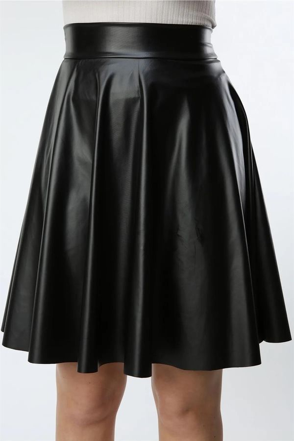 dewberry 88854 Dewberry Flared Faux Leather Skirt-BLACK