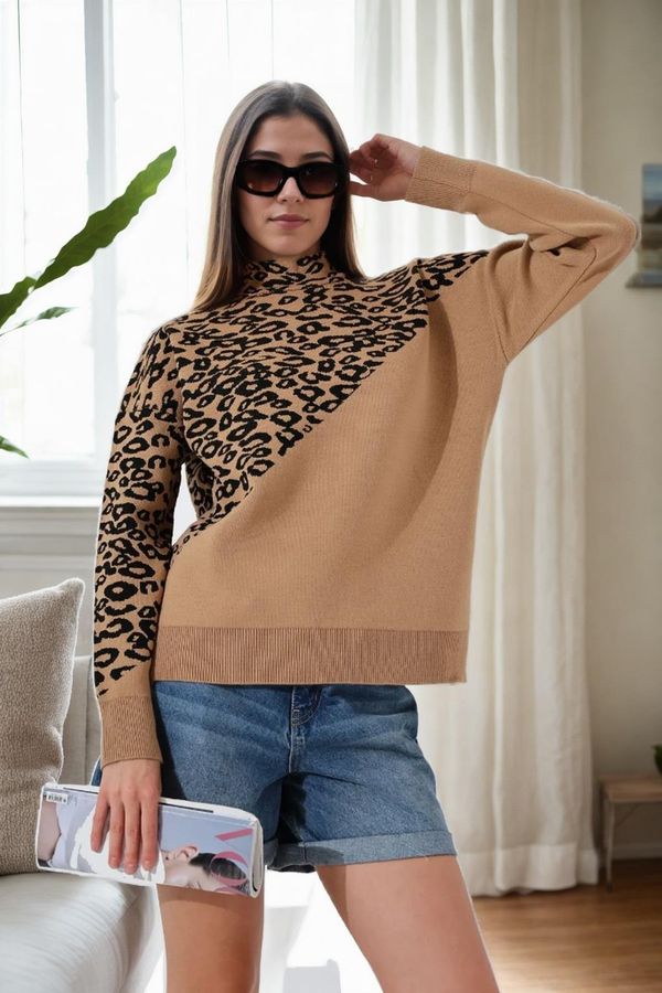 dewberry 90315 Dewberry Half Turtleneck Leopard Womens Sweater-CAMEL