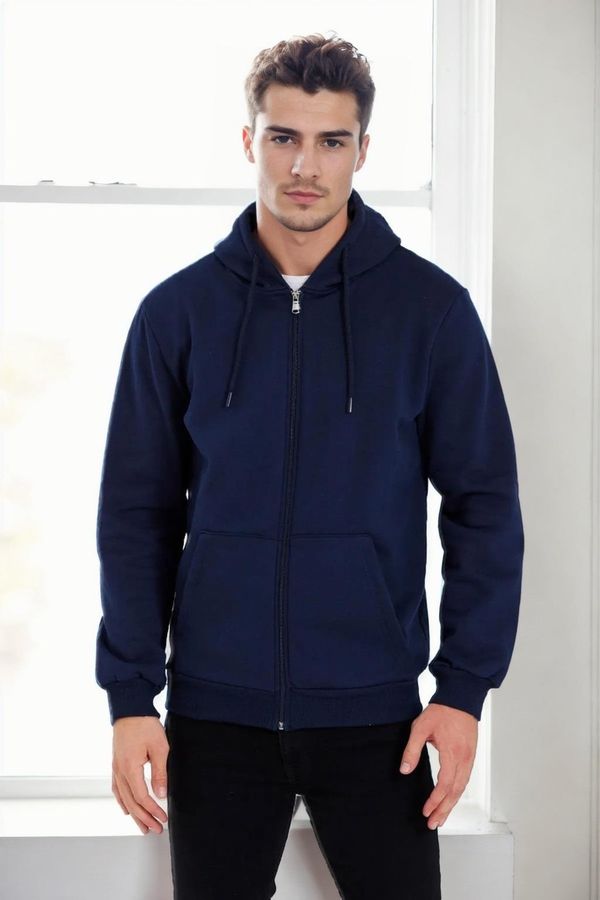 dewberry 94090 Dewberry Kangaroo Pocket Hooded Zipper Mens Sweatshirt-NAVY