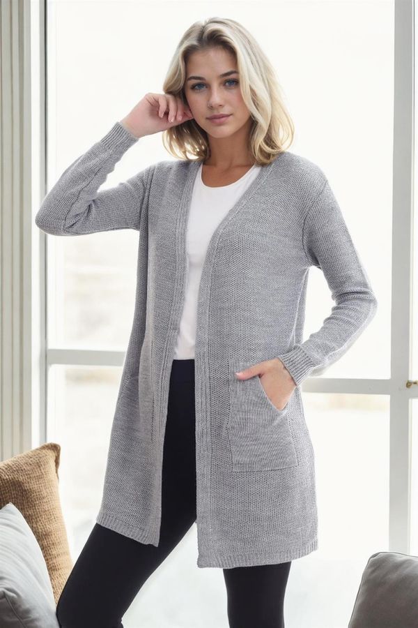 dewberry 99224 Dewberry Kangaroo Pocket Knitwear Cardigan-LIGHT GREY