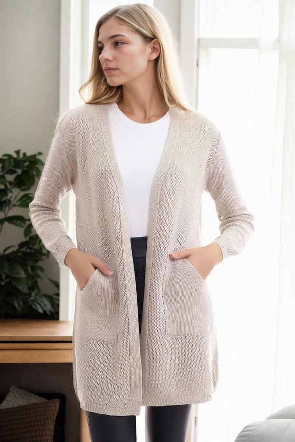 dewberry 99224 Dewberry Kangaroo Pocket Knitwear Cardigan-STONE