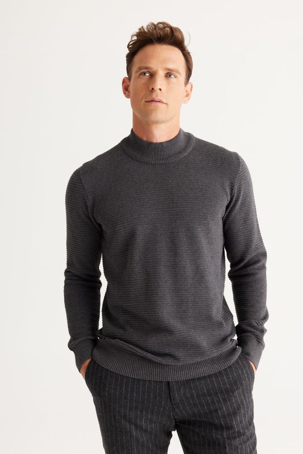AC&Co / Altınyıldız Classics AC&Co / Altınyıldız Classics Men's Anthracite-melange Standard Fit Half Turtleneck Cotton Patterned Knitwear Sweater