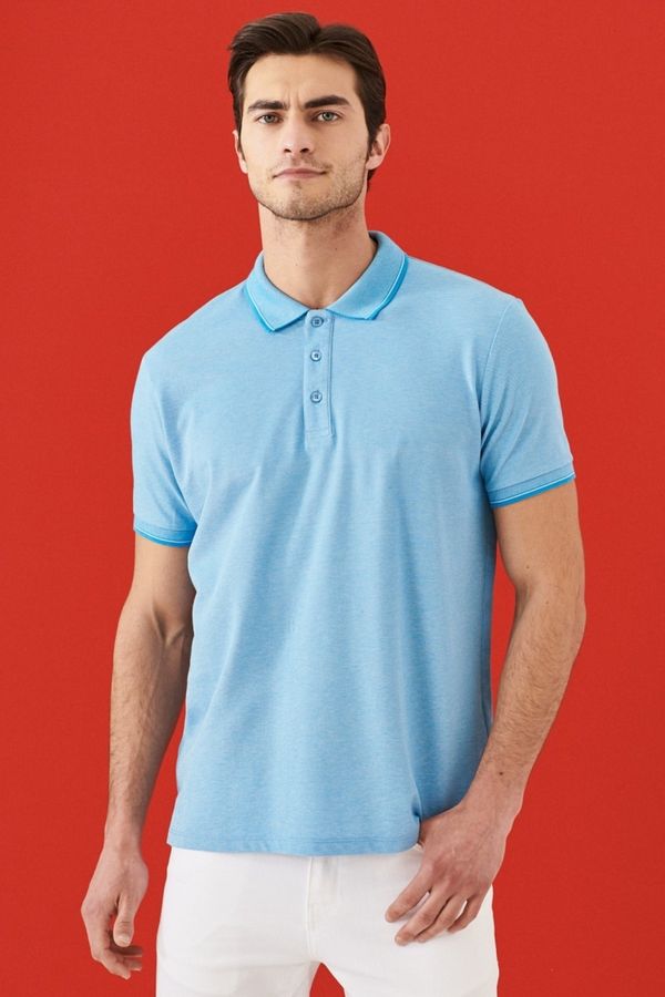 AC&Co / Altınyıldız Classics AC&Co / Altınyıldız Classics Men's Anti-shrink Cotton Fabric Slim Fit Slim Fit Slim Fit Blue Roll-Up Polo Neck T-Shirt.