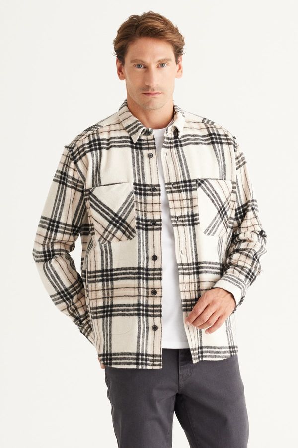 AC&Co / Altınyıldız Classics AC&Co / Altınyıldız Classics Men's Beige Black Oversize Wide Cut Buttoned Collar Pocket Checkered Lumberjack Winter Shirt Jacket