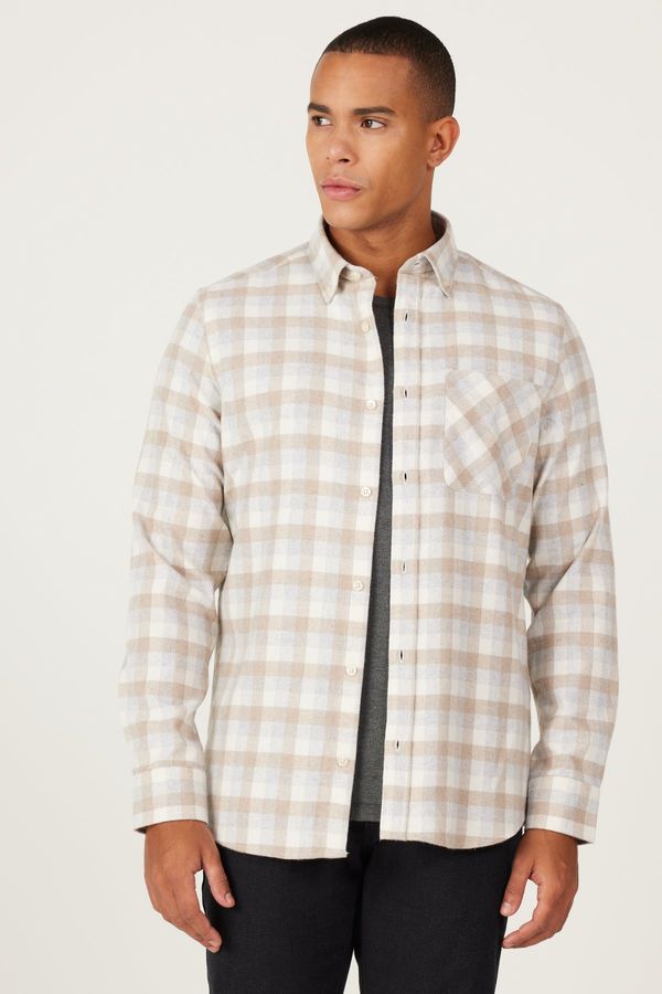 AC&Co / Altınyıldız Classics AC&Co / Altınyıldız Classics Men's Beige-gray Slim Fit Slim Fit Button Collar Warm Checked Winter Flannel Lumberjack Shirt