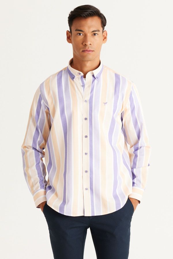 AC&Co / Altınyıldız Classics AC&Co / Altınyıldız Classics Men's BEIGE LILA Comfort Fit Comfortable Cut Collar Striped Cotton Shirt with Buttons.