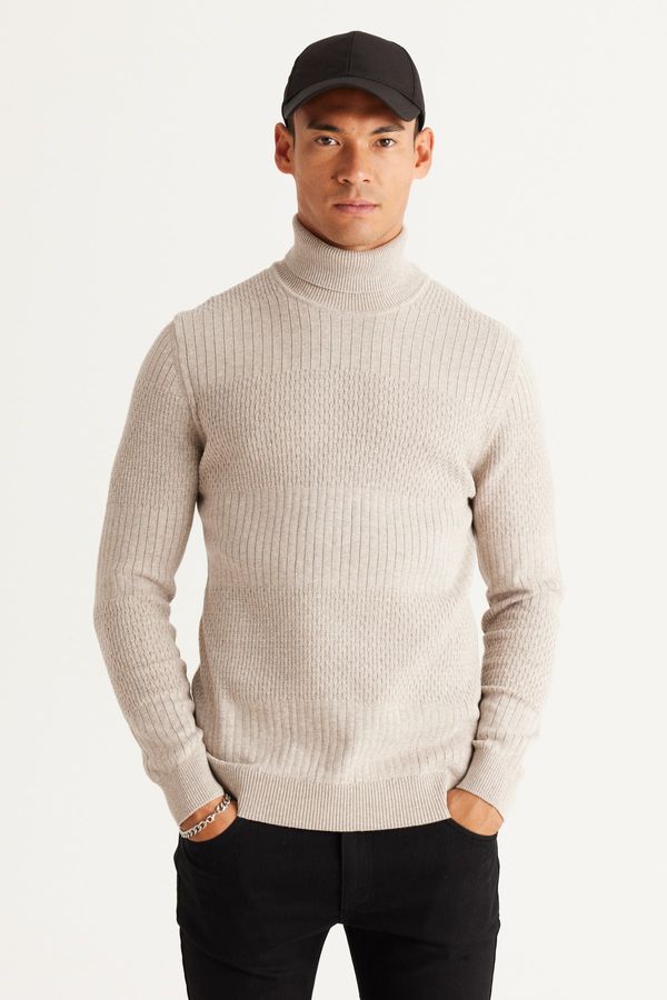 AC&Co / Altınyıldız Classics AC&Co / Altınyıldız Classics Men's Beige Melange Standard Fit Regular Fit Full Turtleneck Cotton Jacquard Knitwear Sweater