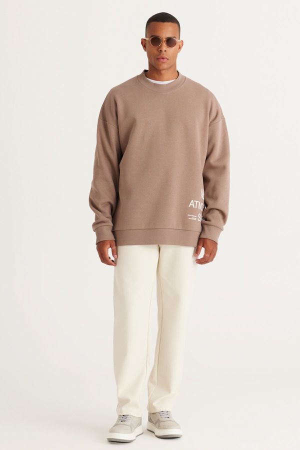 AC&Co / Altınyıldız Classics AC&Co / Altınyıldız Classics Men's Beige Oversize Fit Loose Cut 3 Thread Cotton Printed Sweatshirt with Fleece Inside