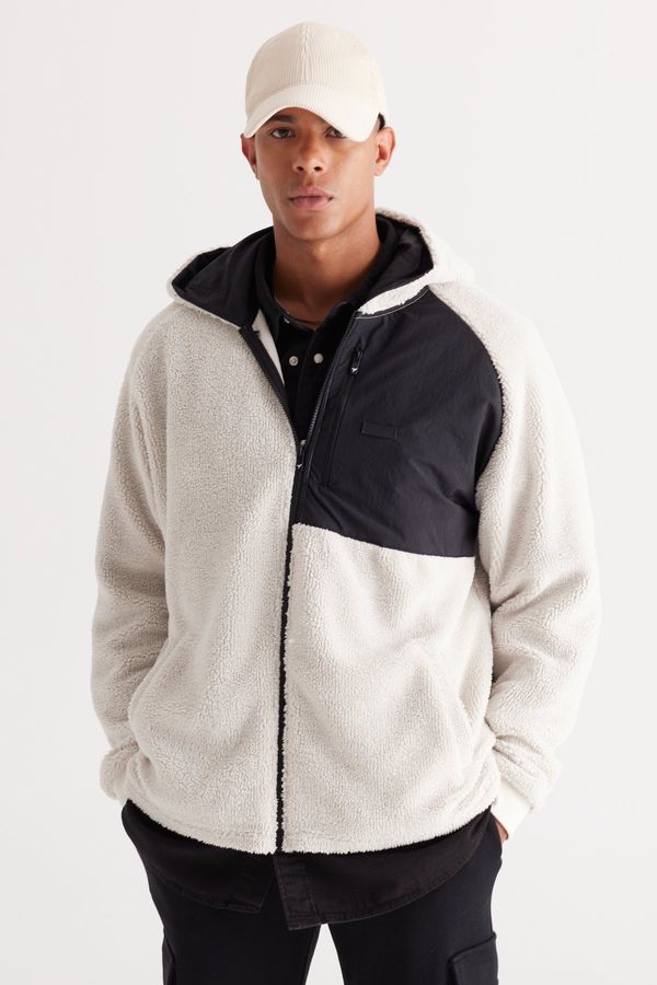 AC&Co / Altınyıldız Classics AC&Co / Altınyıldız Classics Men's Beige Oversize Wide-Fit Hooded Sherpa Fleece Sweatshirt Jacket