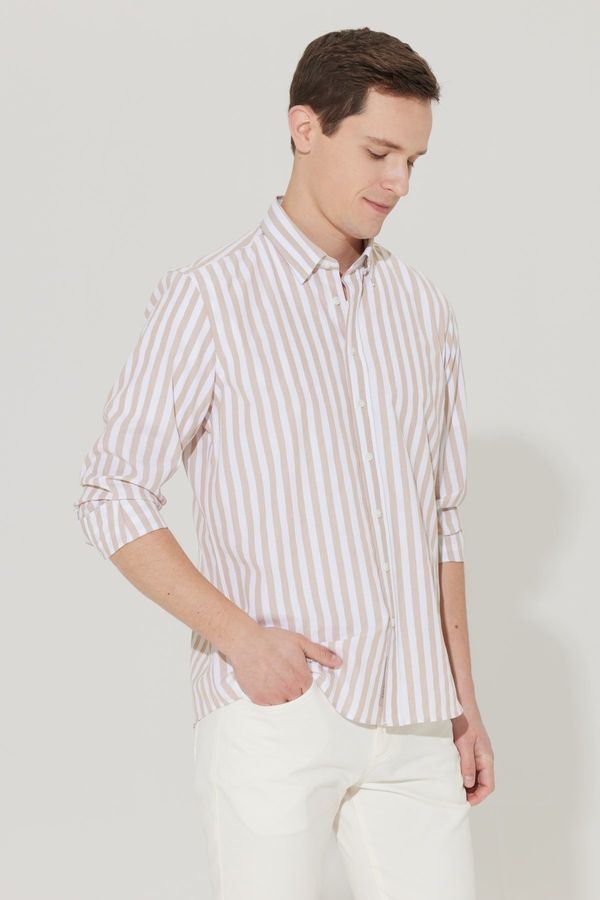 AC&Co / Altınyıldız Classics AC&Co / Altınyıldız Classics Men's Beige-white Slim Fit Slim Fit Shirt with Hidden Buttons Collar Cotton Shirt