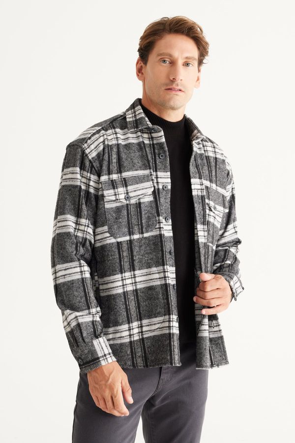 AC&Co / Altınyıldız Classics AC&Co / Altınyıldız Classics Men's Black-gray Oversize Wide Cut Buttoned Collar Plaid Lumberjack Winter Shirt Jacket