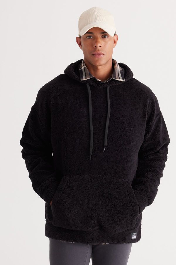 AC&Co / Altınyıldız Classics AC&Co / Altınyıldız Classics Men's Black Oversize Wide-Fit Hooded Sherpa Sweatshirt Fleece