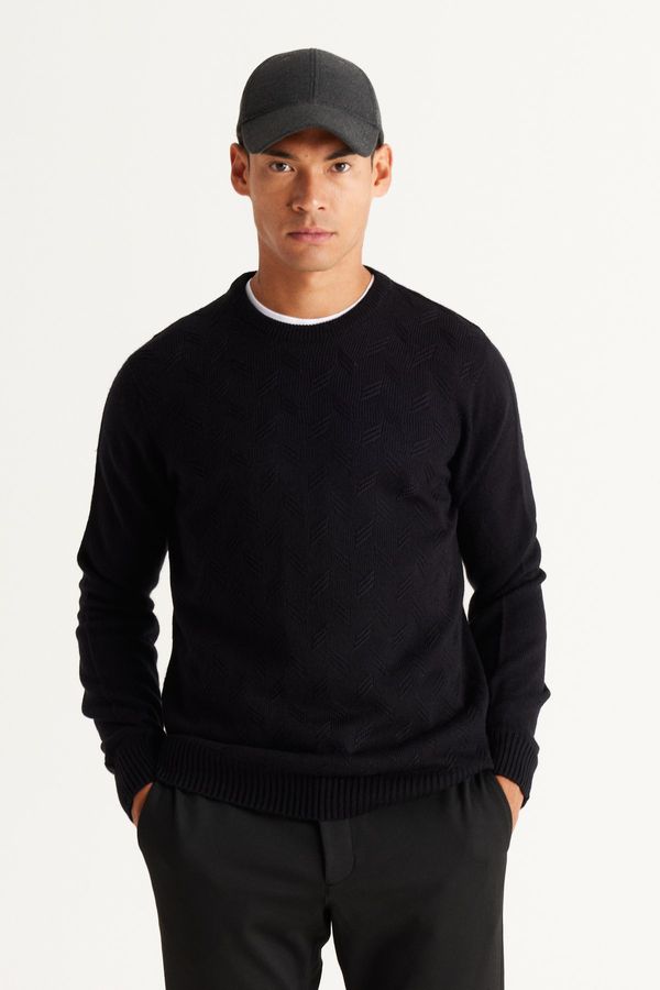 AC&Co / Altınyıldız Classics AC&Co / Altınyıldız Classics Men's Black Standard Fit Normal Cut Crew Neck Jacquard Knitwear Sweater.