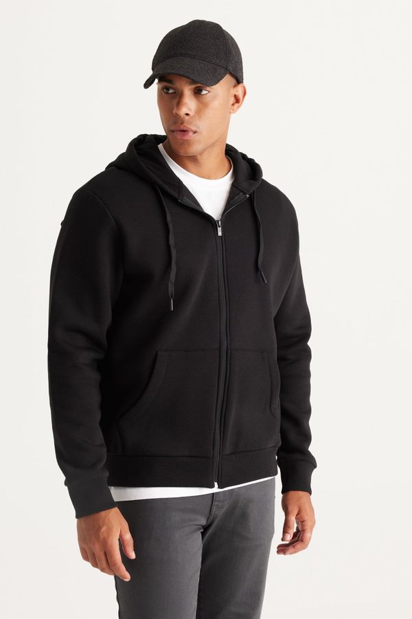 AC&Co / Altınyıldız Classics AC&Co / Altınyıldız Classics Men's Black Standard Fit Regular-Fit Fleece 3 Thread Hooded Zipper Sweatshirt Jacket