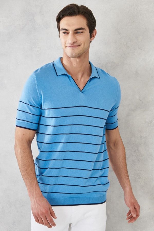 AC&Co / Altınyıldız Classics AC&Co / Altınyıldız Classics Men's Blue-Navy Standard Fit Regular Cut 100% Cotton Polo Collar Knitwear T-Shirt.