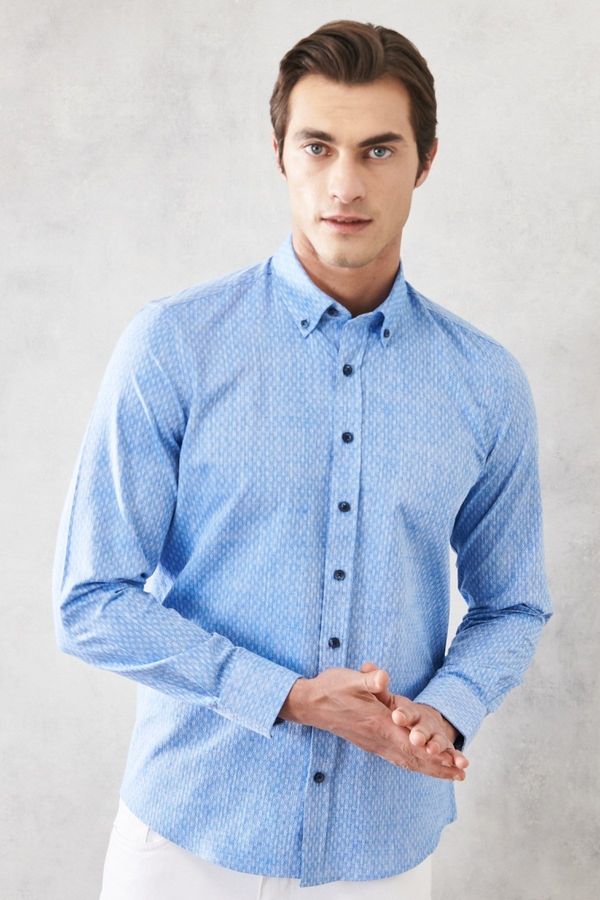 AC&Co / Altınyıldız Classics AC&Co / Altınyıldız Classics Men's Blue Slim Fit Slim Fit 100% Cotton Dobby Buttoned Collar Casual Shirt.