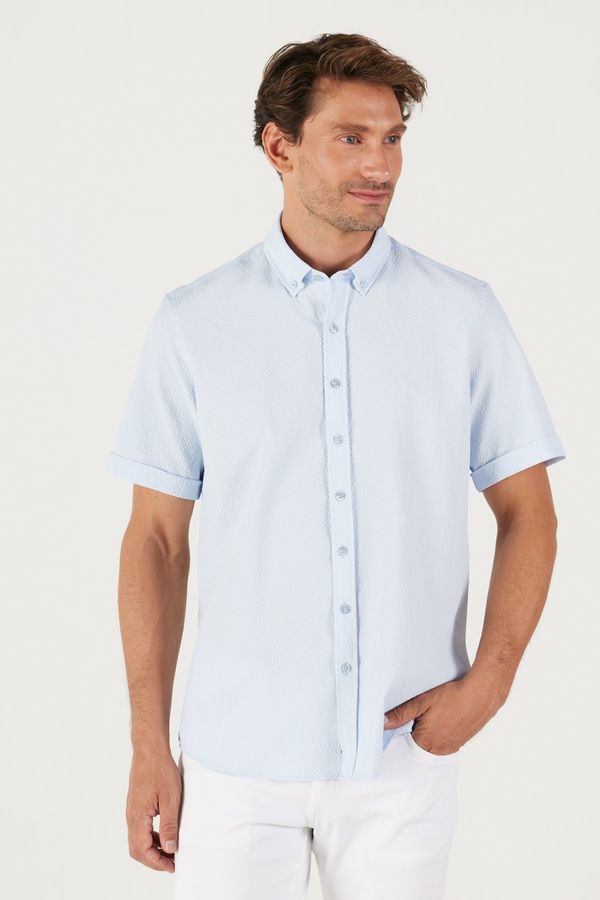 AC&Co / Altınyıldız Classics AC&Co / Altınyıldız Classics Men's Blue Slim Fit Slim Fit Shirt with Buttons and See-through Patterned Collar
