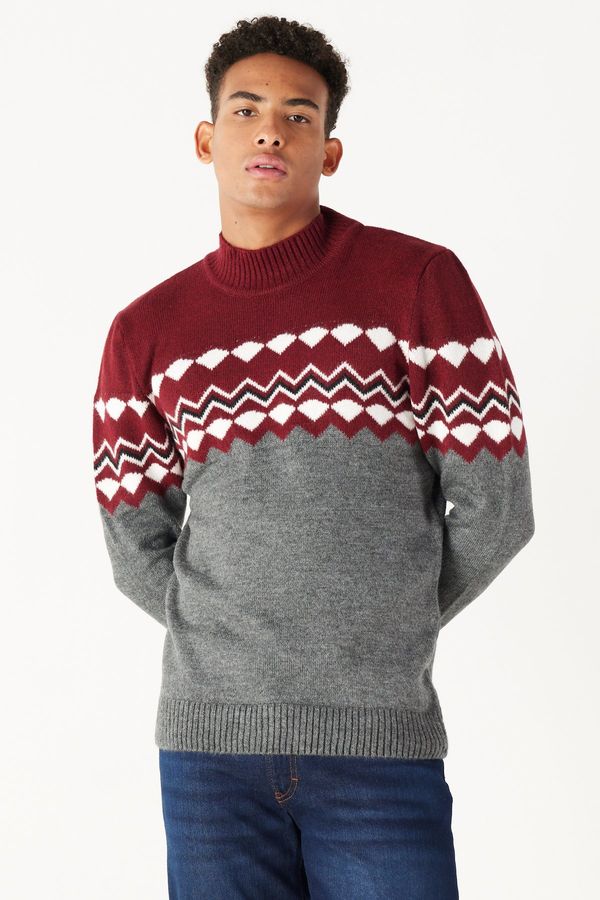 AC&Co / Altınyıldız Classics AC&Co / Altınyıldız Classics Men's Burgundy Anthracite Standard Fit Half Turtleneck Raised Soft Textured Knitwear Sweater