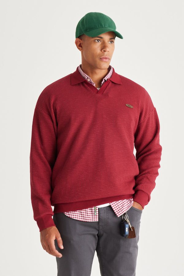 AC&Co / Altınyıldız Classics AC&Co / Altınyıldız Classics Men's Burgundy Loose Fit 3 Thread Polo Neck Jacquard Sweatshirt