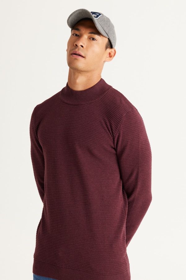 AC&Co / Altınyıldız Classics AC&Co / Altınyıldız Classics Men's Burgundy Standard Fit Half Turtleneck Cotton Patterned Knitwear Sweater