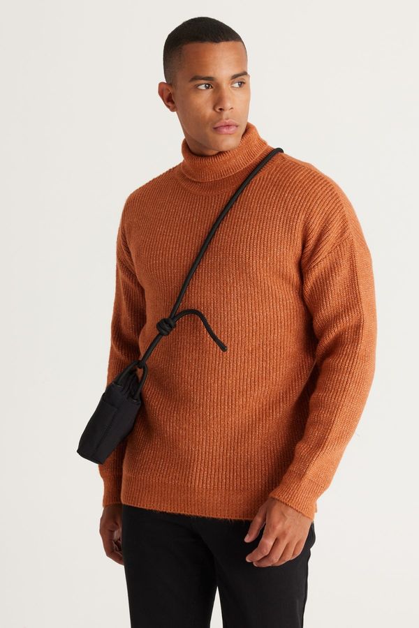 AC&Co / Altınyıldız Classics AC&Co / Altınyıldız Classics Men's Cinnamon Oversize Loose Cut Full Turtleneck Patterned Shawl Soft Textured Knitwear Sweater