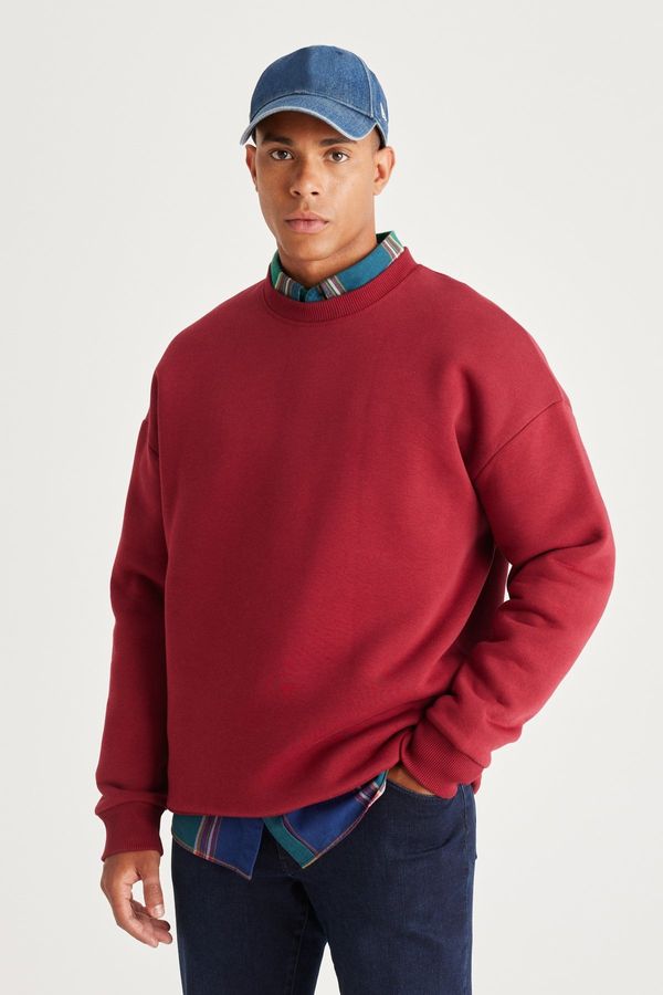 AC&Co / Altınyıldız Classics AC&Co / Altınyıldız Classics Men's Claret Red Oversize Loose Fit Fleece Inside 3 Threads Crew Neck Cotton Sweatshirt.