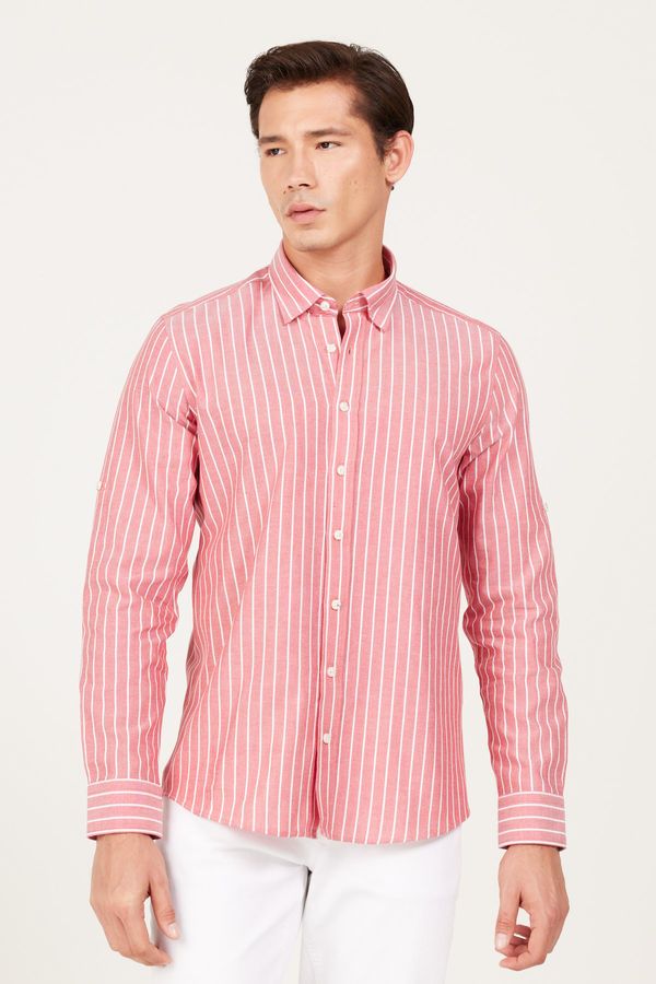 AC&Co / Altınyıldız Classics AC&Co / Altınyıldız Classics Men's Claret red-white Slim Fit Slim Fit, Hidden Button Collar 100% Cotton Striped Shirt.