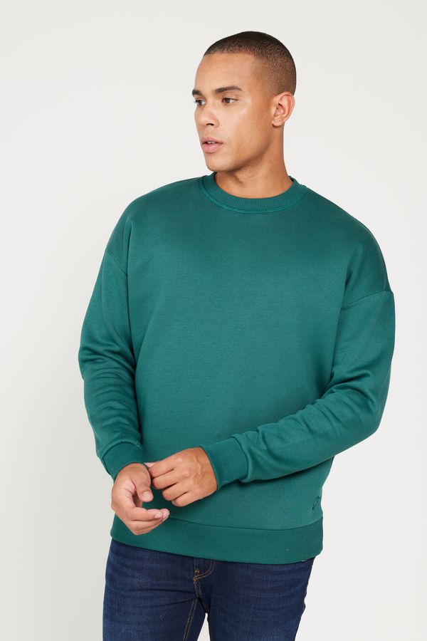 AC&Co / Altınyıldız Classics AC&Co / Altınyıldız Classics Men's Dark Green Oversize Fit Wide Cut Cotton Fleece Inner 3 Thread Crew Neck Sweatshirt