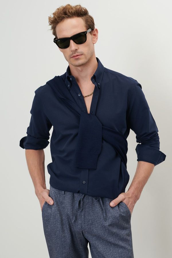 AC&Co / Altınyıldız Classics AC&Co / Altınyıldız Classics Men's Dark Navy Blue Slim Fit Slim Fit Buttoned Collar Cotton Oxford Shirt