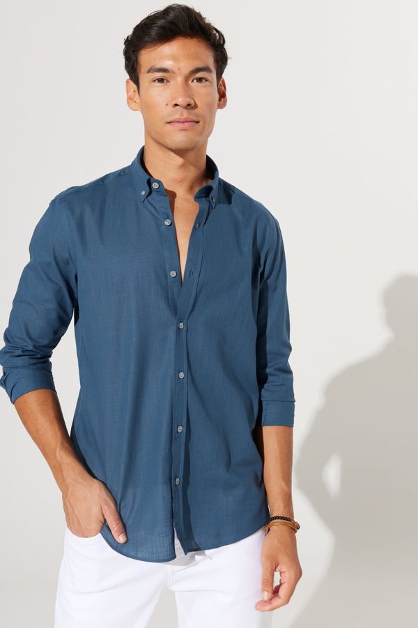 AC&Co / Altınyıldız Classics AC&Co / Altınyıldız Classics Men's Dark Petrol Slim Fit Buttoned Collar Linen Look 100% Cotton Flared Shirt