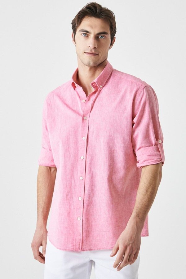 AC&Co / Altınyıldız Classics AC&Co / Altınyıldız Classics Men's Fuchsia Comfort Fit Relaxed-Cut Buttoned Collar Casual Linen Shirt.