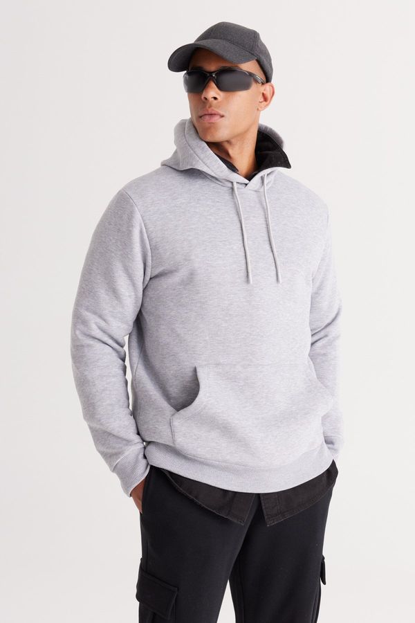 AC&Co / Altınyıldız Classics AC&Co / Altınyıldız Classics Men's Gray Melange Standard Fit Hoodie with Fleece 3 Threads, Kangaroo Pocket Cotton Sweatshirt.