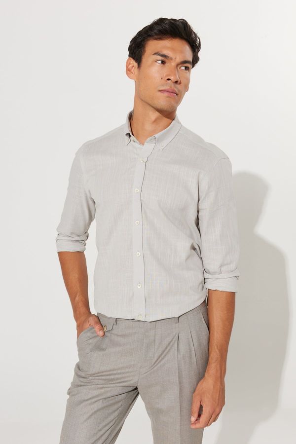 AC&Co / Altınyıldız Classics AC&Co / Altınyıldız Classics Men's Gray Tailored Slim Fit Slim Fit Buttoned Collar Linen Look 100% Cotton Flamed Shirt