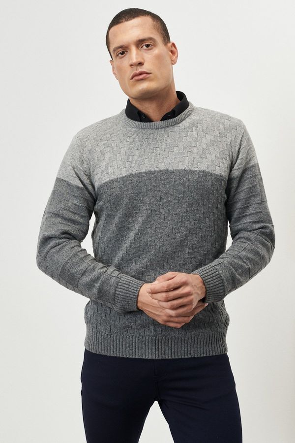 AC&Co / Altınyıldız Classics AC&Co / Altınyıldız Classics Men's Grey-smoked Standard Fit Normal Cut Crew Neck Patterned Wool Knitwear Sweater